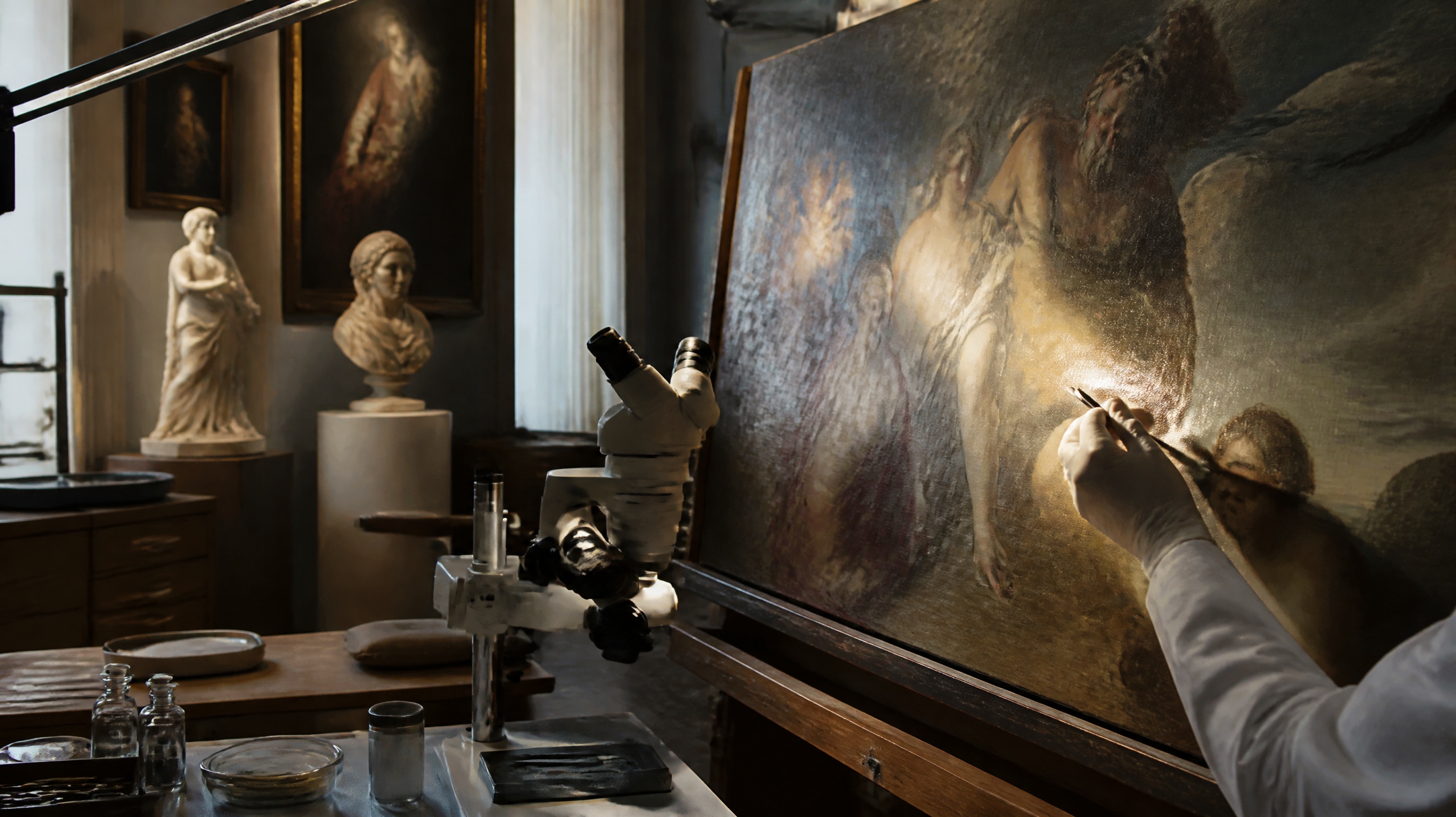 Professional art conservation laboratory with a painting on an easel and conservation tools